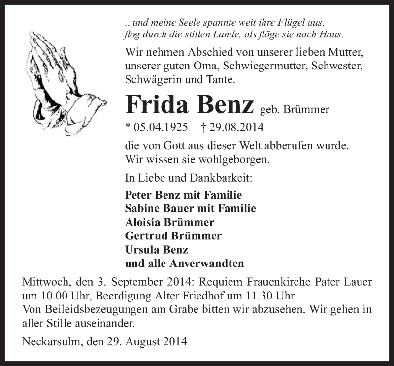  Traueranzeige für Frida Benz vom 02.09.2014 aus 
