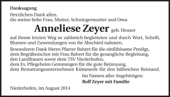 Traueranzeige von Anneliese Zeyer 