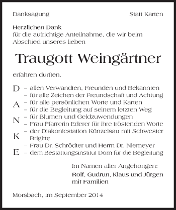 Traueranzeige von Traugott Weingärtner 