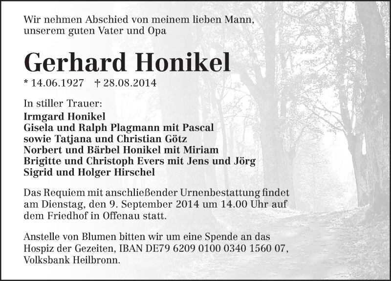  Traueranzeige für Gerhard Honikel vom 05.09.2014 aus 