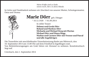 Traueranzeige von Marie Dörr 