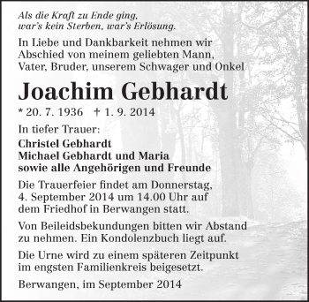 Traueranzeige von Joachim Gebhardt 