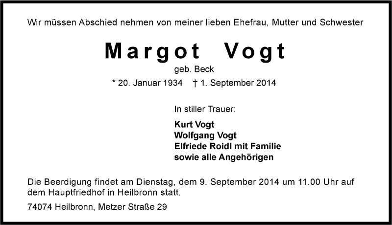 Traueranzeige für Margot Vogt vom 05.09.2014 aus 