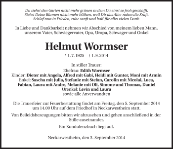 Traueranzeige von Helmut Wormser 