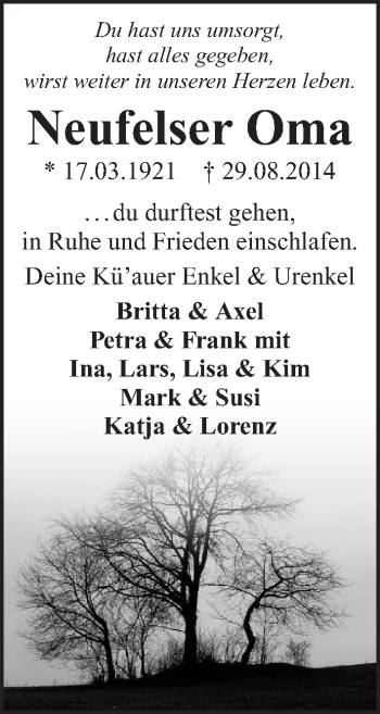 Traueranzeige von Oma Neufelser 