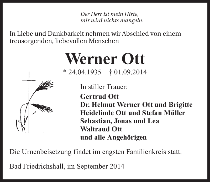  Traueranzeige für Werner Ott vom 05.09.2014 aus 