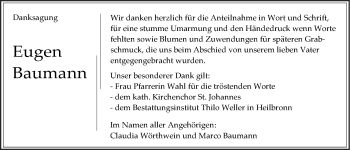 Traueranzeige von Eugen Baumann 