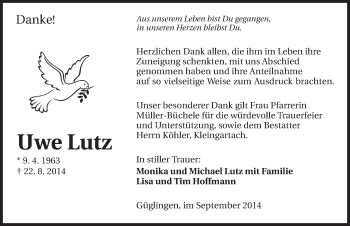 Traueranzeige von Uwe Lutz 