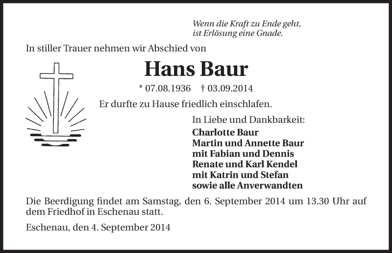  Traueranzeige für Hans Baur vom 04.09.2014 aus 