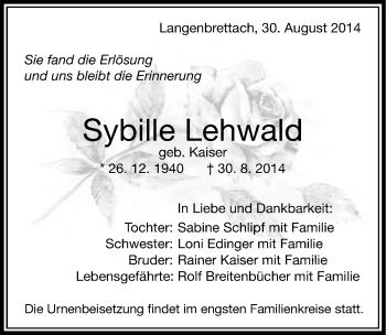 Traueranzeige von Sybille Lehwald 