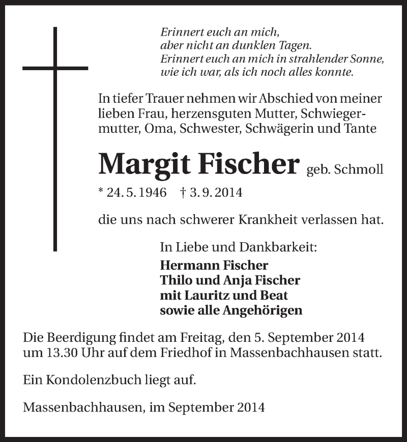  Traueranzeige für Margit Fischer vom 04.09.2014 aus 