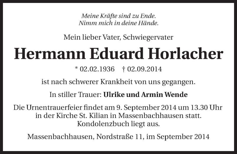  Traueranzeige für Hermann Horlacher vom 05.09.2014 aus 