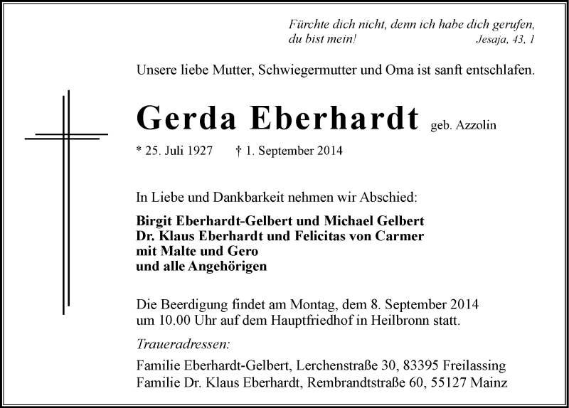  Traueranzeige für Gerda Eberhardt vom 05.09.2014 aus 