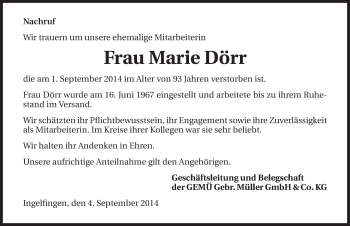 Traueranzeige von Marie Dörr 
