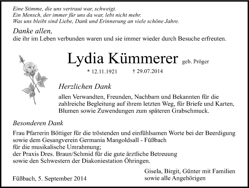  Traueranzeige für Lydia Kümmerer vom 05.09.2014 aus 