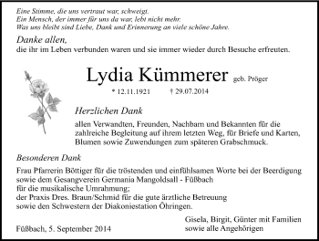 Traueranzeige von Lydia Kümmerer 
