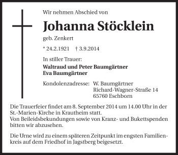 Traueranzeige von Johanna Stöcklein 
