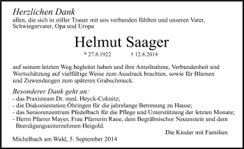 Traueranzeige von Helmut Saager 