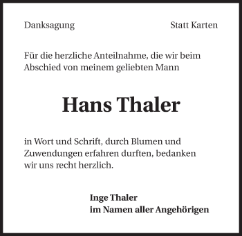 Traueranzeige von Hans Thaler 