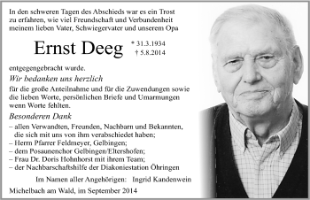 Traueranzeige von Ernst Deeg 