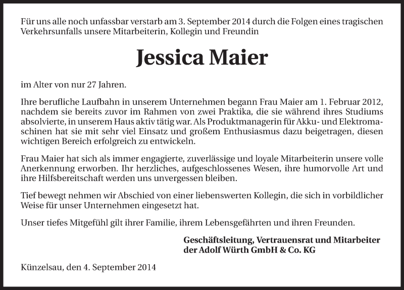  Traueranzeige für Jessica Maier vom 06.09.2014 aus 