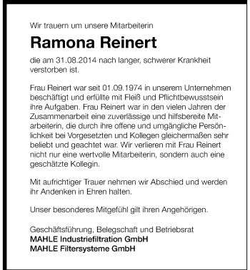 Traueranzeige von Ramona Reinert 