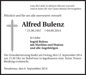 Traueranzeige von Alfred Bulenz 