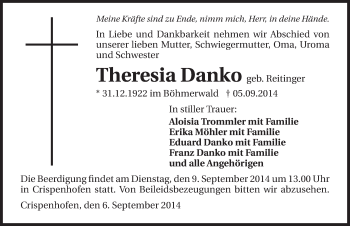 Traueranzeige von Theresia Danko 