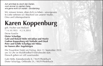 Traueranzeige von Karen Koppenburg 