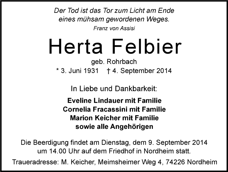  Traueranzeige für Herta Felbier vom 06.09.2014 aus 
