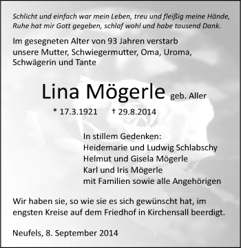 Traueranzeige von Lina Mögerle 