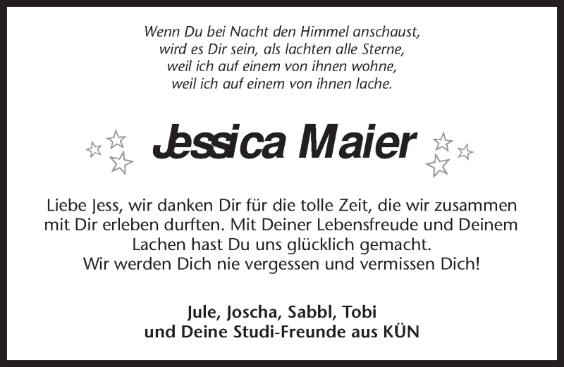  Traueranzeige für Jessica Maier vom 06.09.2014 aus 