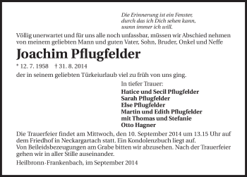 Traueranzeige von Joachim Pflugfelder 