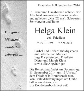Traueranzeige von Helga Klein 