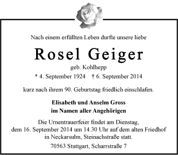 Traueranzeige von Rosalia Geiger 