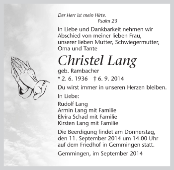 Traueranzeige von Christel Lang 