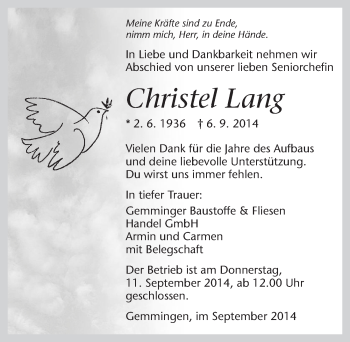 Traueranzeige von Christel Lang 