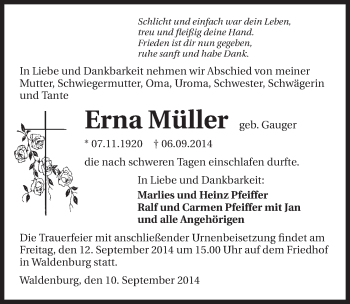 Traueranzeige von Erna Müller 