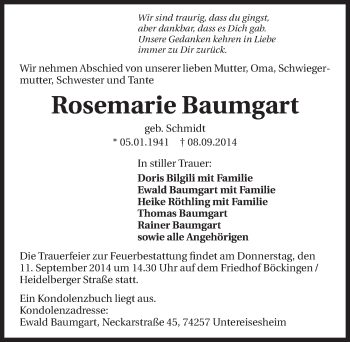 Traueranzeige von Rosemarie Baumgart 