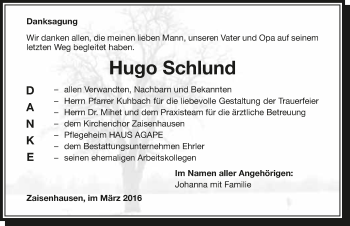Traueranzeige von Hugo Schlund 
