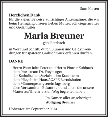 Traueranzeige von Maria Breuner 