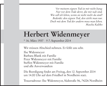 Traueranzeige von Herbert Widenmeyer 