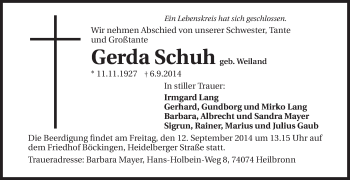 Traueranzeige von Gerda Schuh 
