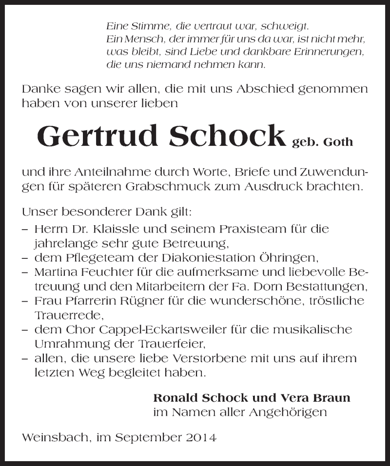  Traueranzeige für Gertrud Schock vom 12.09.2014 aus 