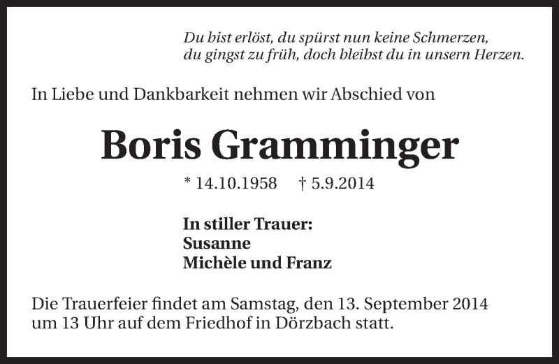  Traueranzeige für Boris Gramminger vom 10.09.2014 aus 