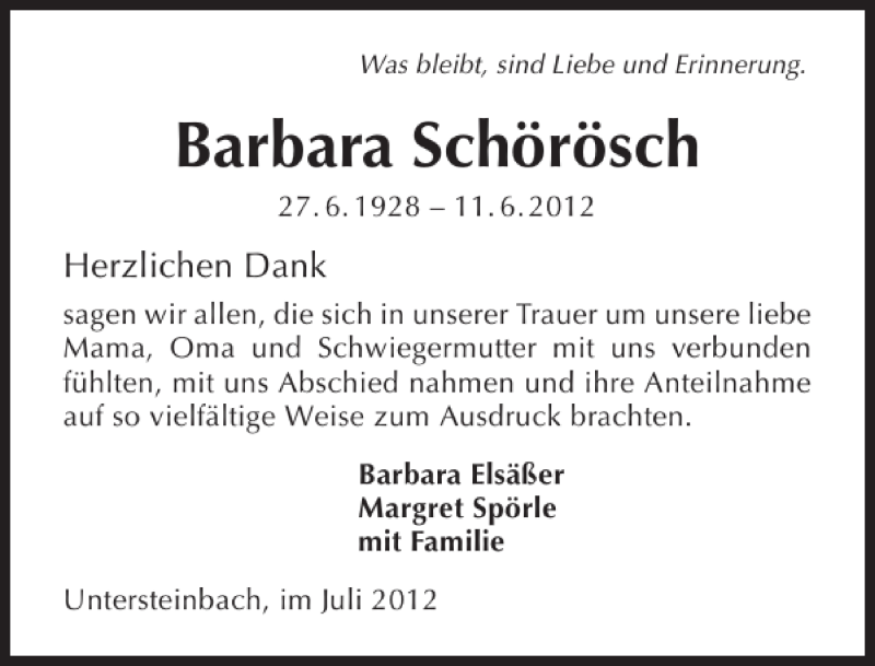  Traueranzeige für Barbara Schörösch vom 06.07.2012 aus 