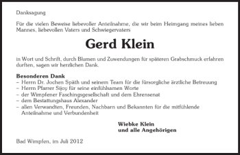 Traueranzeige von Gerd Klein 