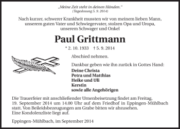 Traueranzeige von Paul Grittmann 