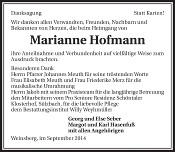 Traueranzeige von Marianne Hofmann 