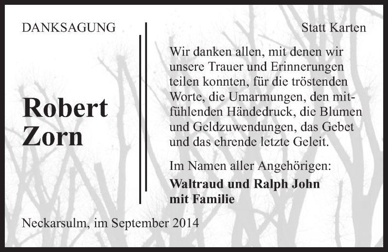  Traueranzeige für Robert Zorn vom 13.09.2014 aus 